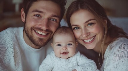 Family portrait smiling together at home in cozy sweaters heartwarming scene indoor environment close-up view