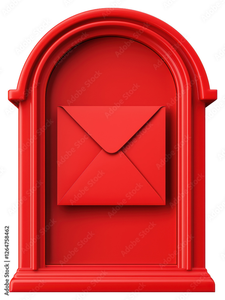 Poster red mailbox icon with envelope graphic on transparent background for correspondence delivery