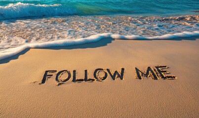 Fototapeta premium Follow me message written in sand on beach.