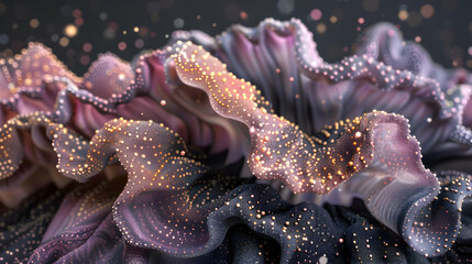 A close-up view of a textured, colorful surface resembling organic forms.