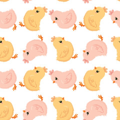 Seamless vector pattern with cute Easter chicks, birds and decorated eggs. Perfect for holiday decorations, wrapping paper, textiles and greeting cards.