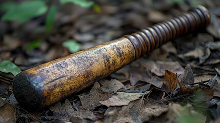 Obraz premium A weathered wooden bat resting on a bed of dry leaves in a serene forest setting