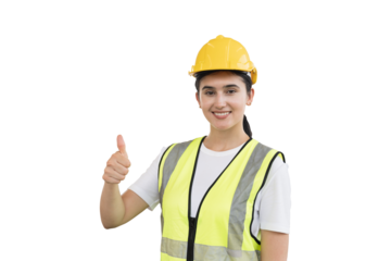 Woman engineer construction on transparent background. Female construction builder standing on transparent background