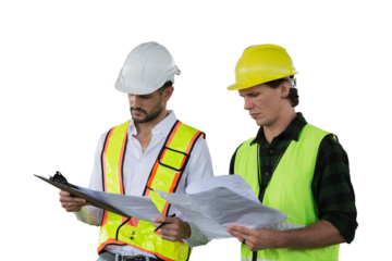 Team of male engineer construction working together on transparent background. Two male construction builder working on transparent background