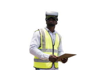 African American male construction engineer wearing virtual reality headset on transparent background. Male construction engineer working with VR headset on transparent background