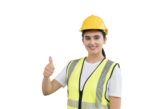 Woman engineer construction on transparent background. Female construction builder standing on transparent background