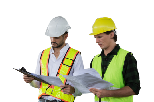 Team of male engineer construction working together on transparent background. Two male construction builder working on transparent background