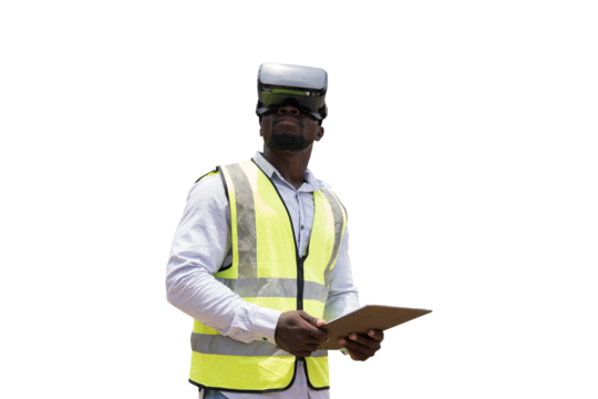 African American male construction engineer wearing virtual reality headset on transparent background. Male construction engineer working with VR headset on transparent background - Powered by Adobe
