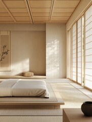 Bright zen bedroom with minimalist design and natural light