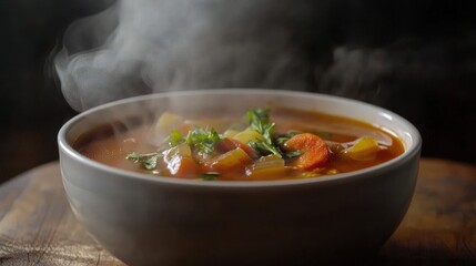 Steaming hot vegetable soup in a bowl. (2)