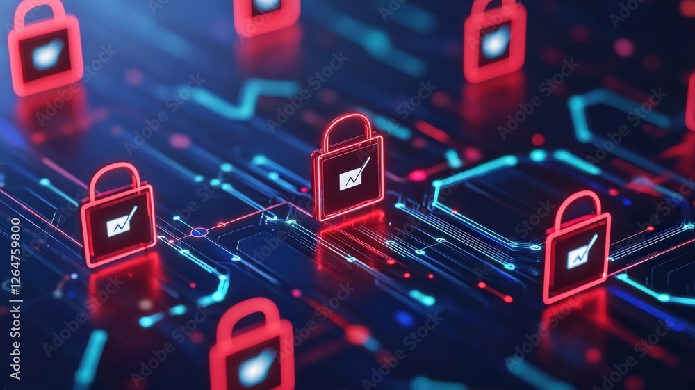 Poster information source privacy concept. digital locks on a circuit board representing cybersecurity conc