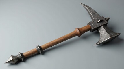 A meticulously crafted battle-ready axe with a wooden haft, displaying intricate metalwork and a unique curved blade design, ideal for historical reenactments or fantasy settings