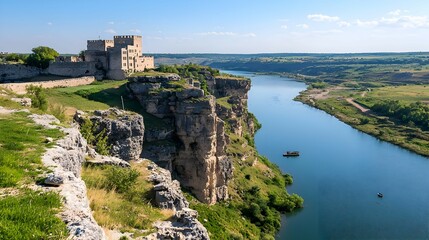 Fototapeta premium Ancient Stone Castle on a River Cliff Summer Landscape