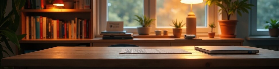 Soft lighting illuminates a warm wood desk, cozy office , scandi, ambiance