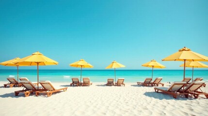 Idyllic Beach Scene Yellow Umbrellas and Wooden Lounge Chairs on Pristine White Sand, Calm Turquoise Ocean