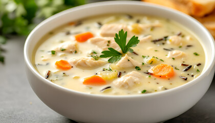 Chicken and Wild Rice Soup. Homemade fresh creamy soup with chicken, vegetables and wild rice in white bowl close up