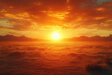 Obraz premium Stunning sunset over a vast landscape with golden hues and dramatic cloud formations in the evening sky