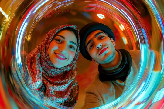 Commercial digital ads idea. Sign of love and affection. Valentine's day, lovebirds couple: remarkable vivid image of loving middle eastern young couple. Cute love. Deep gaze. Stunning romanc.