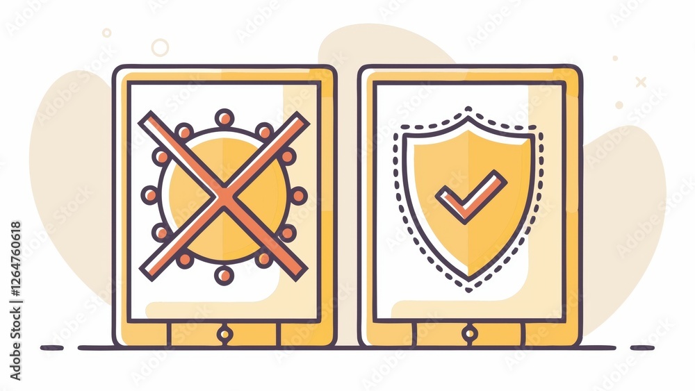 Poster this image illustrates a digital concept of virus protection, featuring devices with a virus symbol 