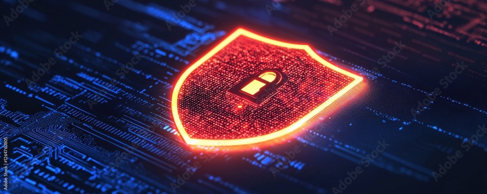 Poster information source privacy concept. digital shield symbolizing cybersecurity protection and data sec