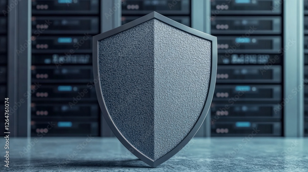 Poster information source privacy concept. digital shield representing cybersecurity in a tech environment.
