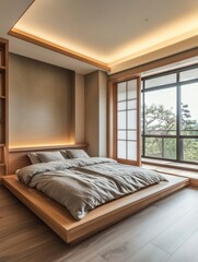 Modern bedroom showcases a platform bed with a minimalist design