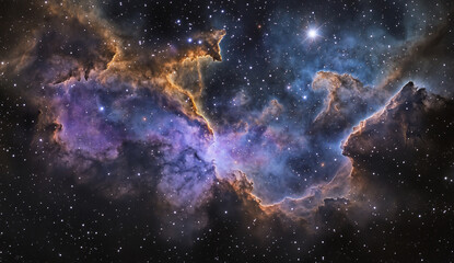 Fototapeta premium A stunning nebula of deep purple and blue hues, illuminated by a soft, glowing cloud at its center, set against the vast expanse of black space dotted with countless sparkling stars.