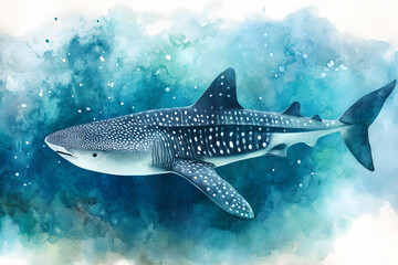 Obraz premium Watercolor painting of a whale shark swimming in the open sea.