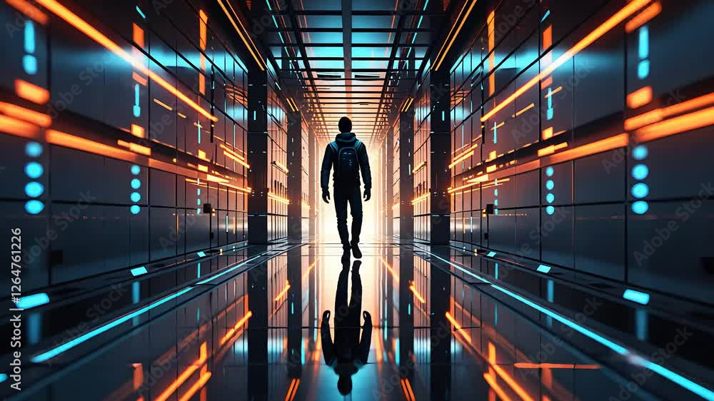 Poster futuristic cybersecurity expert walking through a high-tech data center with digital lights and refl