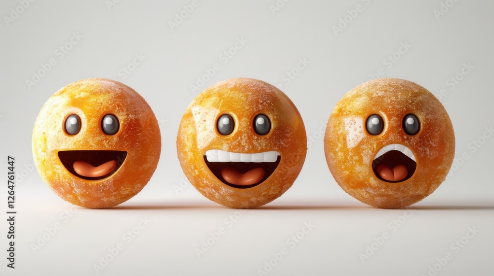 Fototapete 3D realistic emoji from an elevated and diagonal perspective, capturing detailed textures and expressions on a white background