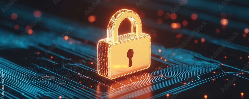 Poster information source privacy concept. digital padlock symbolizing cybersecurity and data protection.
