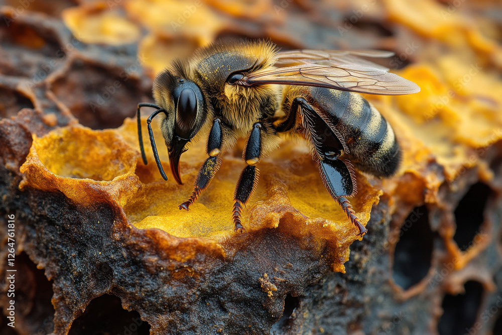 Poster close view of a honey bee collecting nectar from honeycomb in a vibrant beehive environment during d
