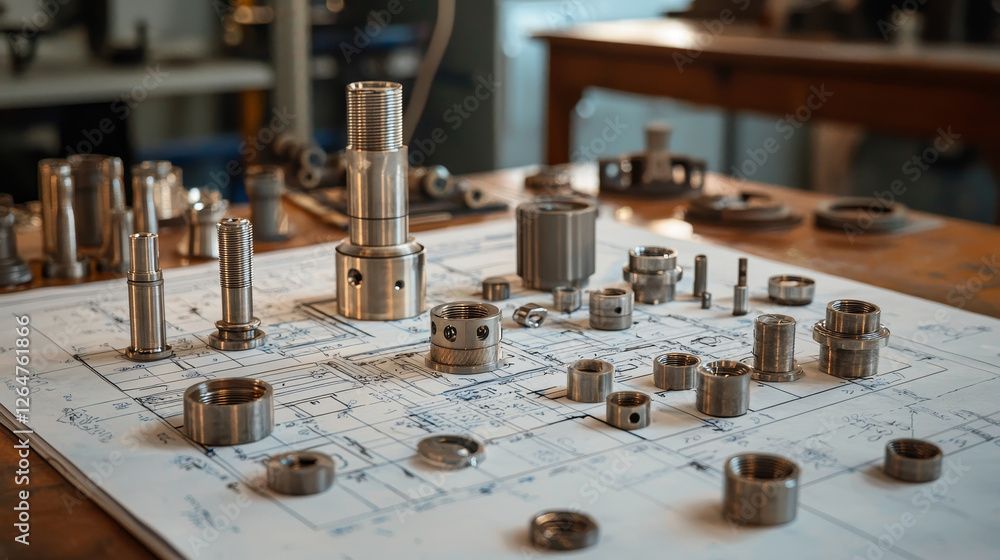 Poster metal components displayed on drafting table for design