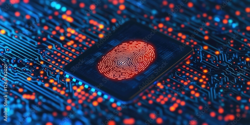 Poster information source privacy concept. digital fingerprint on a circuit board background.