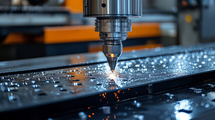 High precision metal cutting with sparks and machinery in action