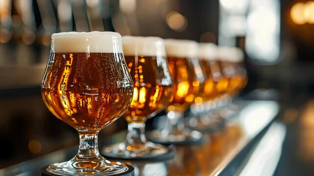 A row of six glasses of beer on a bar counter. The glasses are filled with beer and have a frothy head. The scene conveys a relaxed and social atmosphere