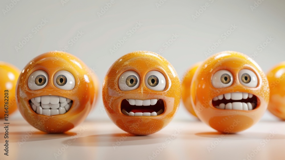 Fototapete 3D realistic emoji from an elevated and diagonal perspective, capturing detailed textures and expressions on a white background