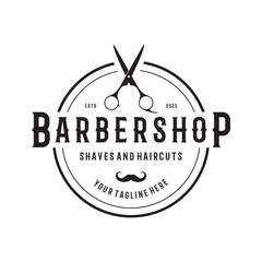 Barbershop logo vintage, retro, haircut, shaving, with scissors, shaving pole, comb, razor. for business, emblems, labels, barber shops, badges.