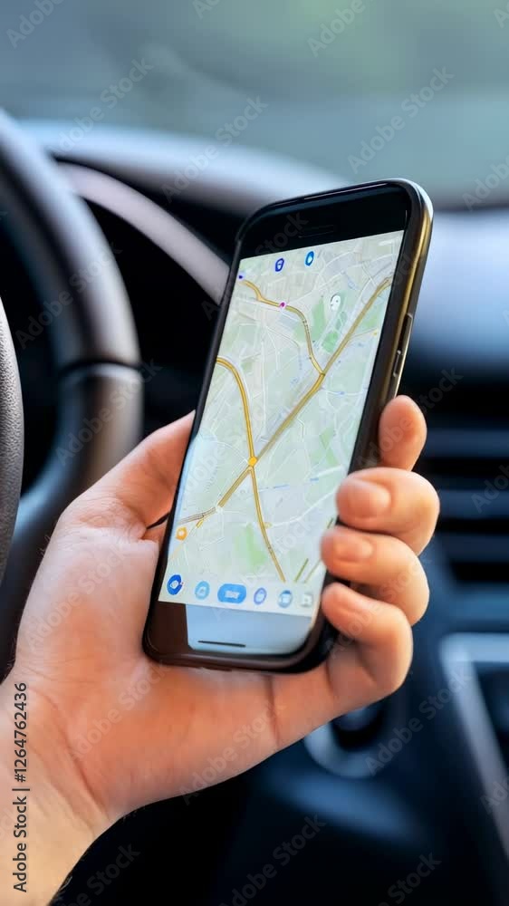 Aufkleber Close up slow motion video of a driver's hand holding a smartphone displaying a navigation app with a map, providing real time directions while driving