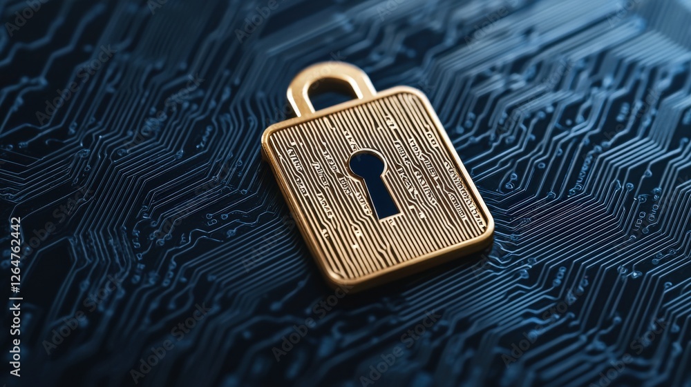 Poster information source privacy concept. golden padlock on a digital circuit background symbolizing secur