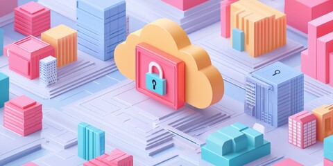 information source privacy concept. Colorful cloud computing illustration with security elements in a digital landscape.