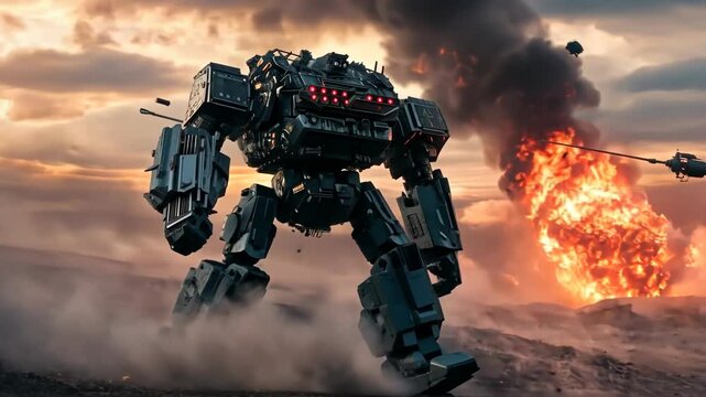 A robot is fighting another robot in a war. The robot is surrounded by fire and smoke. The scene is intense and chaotic
