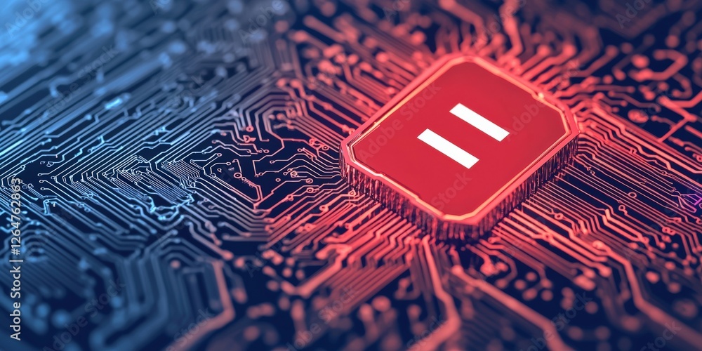 Poster information source privacy concept. red play button on a circuit board background with blue and red 
