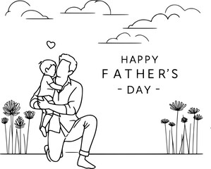 A black and white line art illustration of a father holding his son.