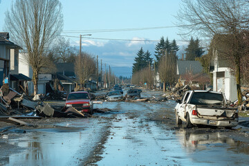 Flood damaged residential street, debris, cars, aftermath