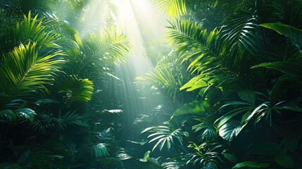 Naklejka premium Lush tropical rainforest with sunlight filtering through dense foliage, creating a serene atmosphere (2)