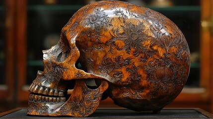Ornately carved wooden skull displayed in a museum showcasing intricate floral designs