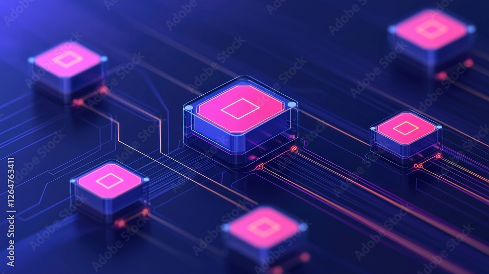 Poster information source privacy concept. digital microchips interconnected on a glowing circuit board.