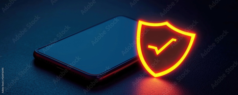 Poster information source privacy concept. smartphone with a glowing shield symbolizing security and protec