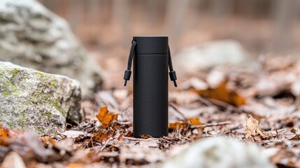 Obraz premium Black cylindrical container in autumn forest